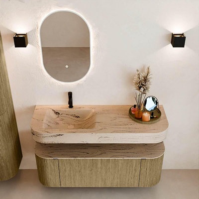 MONDIAZ THOR-DLUX 130cm meuble de salle de bains arrondi gauche + droite couleur Dusk avec 1 tiroir et 2 portes. Vasque suspendue CLOUD Gauche 1 trou de robinet couleur Arena.