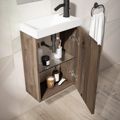 Saniclass Chaci Ensemble meuble lave-mains - 40x55cm - 1 porte - lavabo fontaine en marbre minéral - avec miroir rectangulaire - noyer