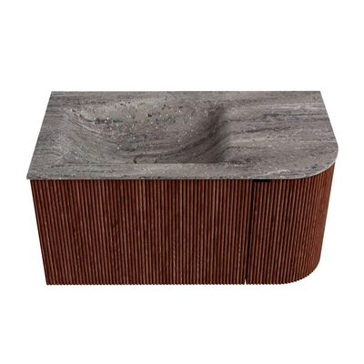 MONDIAZ KURVE-DLUX Meuble de salle de bains 85cm arrondi à droite couleur Ruby avec 1 tiroir et 1 porte. Lavabo CLOUD gauche 1 trou de robinet Oza.