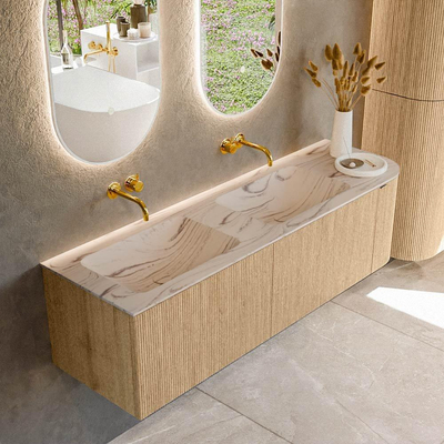 MONDIAZ KURVE-DLUX 155cm badmeubel ronding Rechts kleur Oak met 2 lades en 1 deur. Wastafel LEAF Dubbel / Links zonder kraangat Nata.