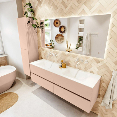 MONDIAZ Vica Ensemble meuble de salle de bains - 160cm - meuble bas rosee - 4 tiroirs - lavabo cloud double - sans trous de robinet - version haute 60cm - talc