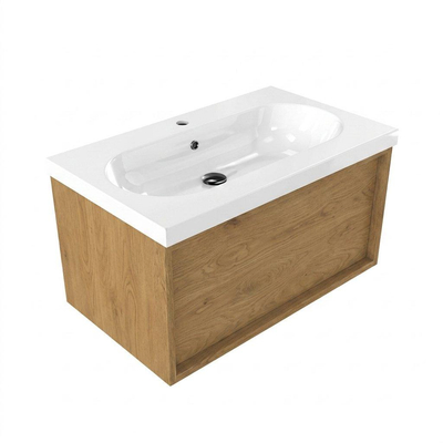 Saniclass Holz Frame Ensemble meuble de salle de bains - 80x45x43.5cm - lavabo en céramique Palermo blanc - 1 vasque - 1 trou de robinetterie - 1 tiroir - chêne naturel mat (bois)