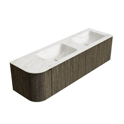 Mondiaz KURVE-DLUX Ensemble de meuble de salle de bains - 155x46x40cm - 2 tiroirs - 1 porte - vasque solid surface - double / droite - sans trou de robinet - Shadow
