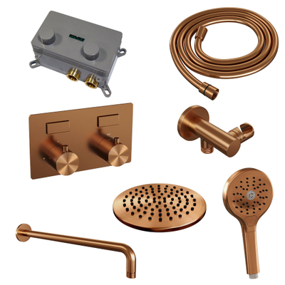 BRAUER Copper Edition Thermostatische Regendouche inbouw - drukknoppen - SET 57 - 20cm hoofddouche - gebogen muurarm - 3 standen handdouche - doucheslang - wandaansluitbocht - koper geborsteld PVD