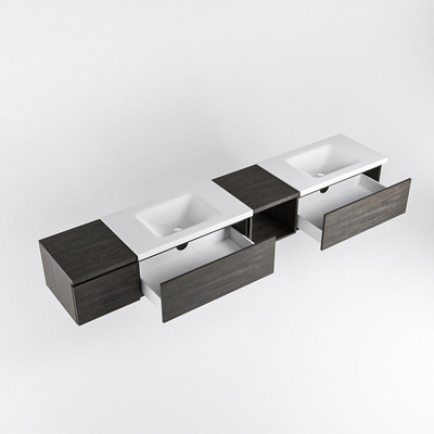 MONDIAZ BUKLA 240cm ensemble de meuble avec module ouvert 40 à droite couleur Marron Foncé avec 3 tiroirs. Lavabo CLOUD double 2 trous de robinet couleur Talc.