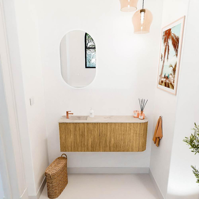 Mondiaz JOYA-DLUX 111.6cm meuble WC - arrondi à droite couleur Chêne - Lavabo FAYE position Gauche 1 trou de robinet couleur Frappe.