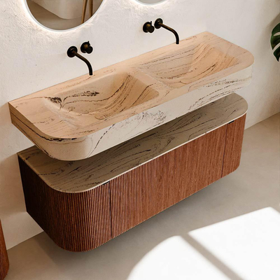 MONDIAZ THOR-DLUX 130cm meuble de salle de bains arrondi gauche + droite couleur Ruby avec 1 tiroir et 2 portes. Vasque suspendue CLOUD Double sans trou de robinet couleur Arena.