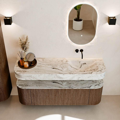 MONDIAZ THOR-DLUX 150cm meuble de salle de bains arrondi gauche + droite couleur Walnut avec 1 tiroir et 2 portes. Vasque suspendue CLOUD droite sans trou de robinet couleur Glace.