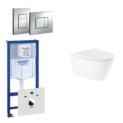 QeramiQ Salina Rimfree Pack WC avec réservoir encastrable, cuvette toilette sans bride, abattant frein de chute et plaque de commande verticale/horizontale chrome