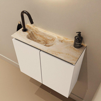 MONDIAZ TURE-DLUX Meuble toilette - 60cm - Talc - EDEN - vasque Frappe - position gauche - 1 trou de robinet