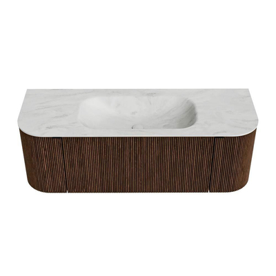 MONDIAZ KURVE-DLUX Meuble de salle de bains 130 cm avec module 25 Len R couleur Walnut avec 1 tiroir et 2 portes. Lavabo BIG SMALL central sans trou de robinet couleur Opalo.