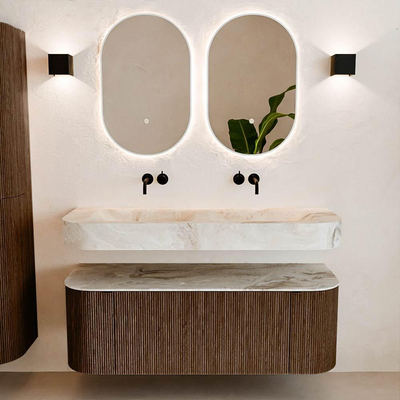 MONDIAZ THOR-DLUX 130cm meuble de salle de bains arrondi gauche + droite couleur Walnut avec 1 tiroir et 2 portes. Vasque suspendue CLOUD Double sans trou de robinet couleur Frappe.