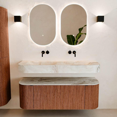 MONDIAZ THOR-DLUX 130cm meuble de salle de bains arrondi gauche + droite couleur Ruby avec 1 tiroir et 2 portes. Vasque suspendue CLOUD Double sans trou de robinet couleur Frappe.