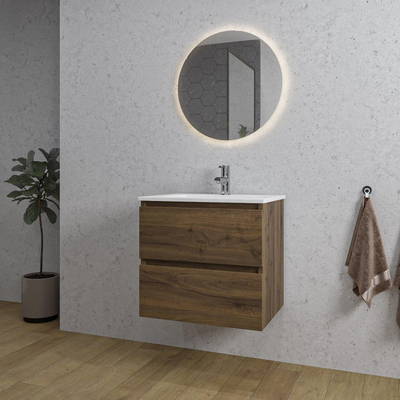 Saniclass Chaci Ensemble meuble de salle de bains - 60x46x55cm - lavabo en céramique blanc - 1 vasque - 1 trou de robinet - 2 tiroirs - miroir rond avec éclairage - noyer (bois)