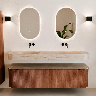 MONDIAZ THOR-DLUX 170cm meuble de salle de bains arrondi gauche + droite couleur Ruby avec 1 tiroir et 2 portes. Vasque suspendue CLOUD Double sans trou de robinet couleur Saba.