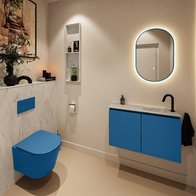 MONDIAZ TURE-DLUX Meuble toilette - 80cm - Jeans - EDEN - vasque Opalo - position droite - 1 trou de robinet