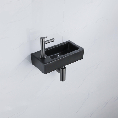 QeramiQ Fuente Fonteinset - 37.5x18.5x9cm - keramiek - kraangat links - fonteinkraan gunmetal - afvoerplug - verlaagd sifon - Mat Zwart