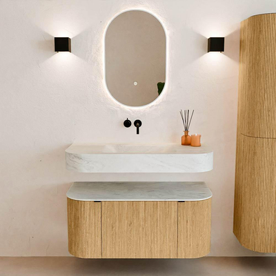 MONDIAZ THOR-DLUX 100cm badmeubel ronding links + rechts kleur Oak met 1 lade en 2 deuren. Vrijhangende wastafel CLOUD Midden zonder kraangat kleur Opalo.