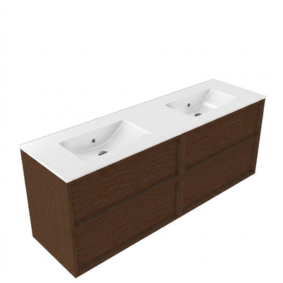 Saniclass Holz Frame Ensemble de meubles de salle de bains - 160x45x62cm - lavabo Vygo en céramique blanc - 2 vasques - sans trous de robinetterie - 4 tiroirs - noyer pure mat (bois)
