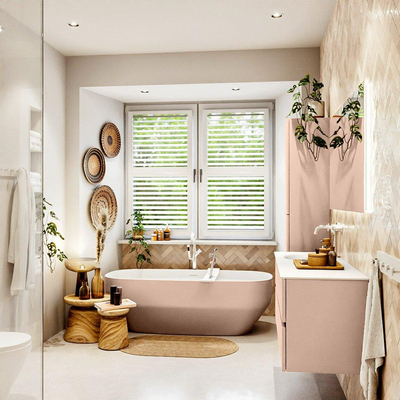 Mondiaz VICA Ensemble de meuble de salle de bain - 130cm - meuble sous vasque rosee - 4 tiroirs - lavabo moon gauche - 1 trou de robinet - version haute de 60cm - talc