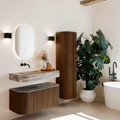 MONDIAZ THOR-DLUX 100cm badmeubel ronding links + rechts kleur Walnut met 1 lade en 2 deuren. Vrijhangende wastafel CLOUD Links zonder kraangat kleur Sombra.