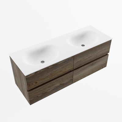 Mondiaz VICA ensemble de meuble de salle de bain - 130cm - meuble sous-vasque marron foncé gris - 4 tiroirs - lavabo lune double - 2 trous de robinet - version haute de 60cm - talc