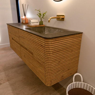 Mondiaz CIRO-DLUX Badkamermeubelset - 150x45x50cm - Solid surface wastafel Lava - 1 wasbak Rechts - zonder kraangaten - 4 lades - Oak
