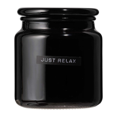 Wellmark Bougie parfumée noir verre Fresh Linnen texte JUST RELAX Black label MODÈLE D'EXPOSITION