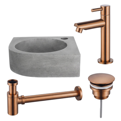 Fortifura Fuente hoekfonteinset – 31.5x31.5x10 cm – beton grijs – koperen kraan