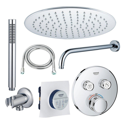 Grohe - Adema Rise Ensemble de douche pluie encastré - 2 fonctions - avec pomme de tête Adema Rise 20cm - douchette à main sur barre - bras mural - Grohe Grohtherm mitigeur thermostatique encastré - chrome