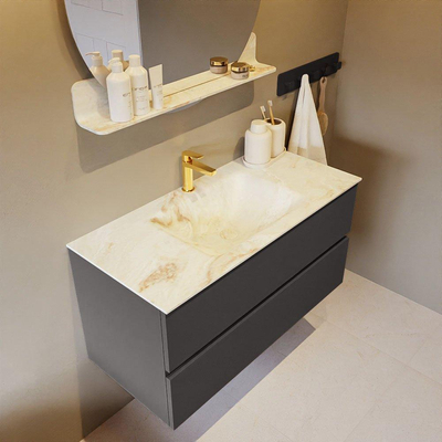 Mondiaz VICA-DLUX Ensemble de meuble de salle de bain - 100cm - meuble sous-vasque gris foncé - 2 tiroirs - lavabo encastré nuage milieu - 1 trou de robinet - version haute de 60cm - frape