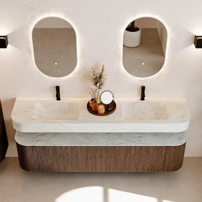 MONDIAZ THOR-DLUX Meuble de salle de bains 190cm arrondi gauche + droite couleur Walnut avec 2 tiroirs et 2 portes. Vasque suspendue CLOUD Double 2 trous de robinet couleur Opalo.