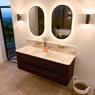 Mondiaz CIRO-DLUX Badkamermeubelset - 140x45x50cm - Solid surface wastafel Frappe - 2 wasbak Dubbel - zonder kraangaten - 4 lades - Walnut