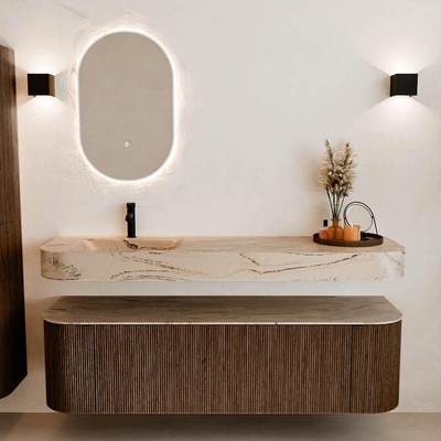 MONDIAZ THOR-DLUX 160cm badmeubel ronding links + rechts kleur Walnut met 1 lade en 2 deuren. Vrijhangende wastafel CLOUD Links 1 kraangat kleur Arena.