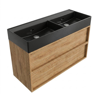 Saniclass Holz Frame Ensemble de meubles de salle de bains - 120x45x72cm - Legend lavabo en céramique noir mat - 2 vasques - sans trous de robinetterie - 2 tiroirs - chêne natural mat (bois)