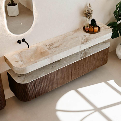 MONDIAZ THOR-DLUX Meuble de salle de bains - 200cm - arrondi gauche + droite - couleur Walnut - 2 tiroirs et 2 portes - Vasque suspendue CLOUD Gauche sans trou de robinet - couleur Frappe