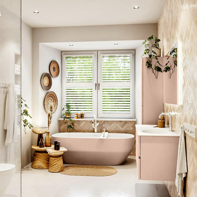 MONDIAZ VICA Ensemble meuble de salle de bains - 110cm - meuble bas rosee - 2 tiroirs - lavabo moon à droite - 1 trou de robinet - version haute 60cm - talc