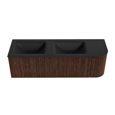 MONDIAZ KURVE 145cm badmeubel met module 25 R kleur Walnut met 1 lade en 1 deur. Wastafel CLOUD dubbel / links zonder kraangat Urban.