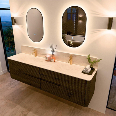 Mondiaz CIRO-DLUX Badkamermeubelset - 190x45x50cm - Solid surface wastafel Meli - 2 wasbak Dubbel - 2 kraangaten - 4 lades - Shadow