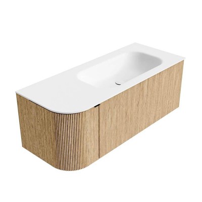 MONDIAZ KURVE Meuble de salle de bains 115 cm avec module 25 L couleur Oak avec 1 tiroir et 1 porte. Lavabo BIG SMALL à droite sans trou de robinet Talc.