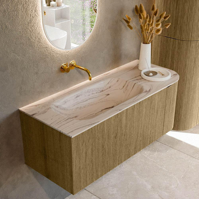 MONDIAZ KURVE-DLUX Meuble de salle de bains 115cm arrondi à droite couleur Dusk avec 1 tiroir et 1 porte. Lavabo BIG SMALL à gauche sans trou de robinet Nata.