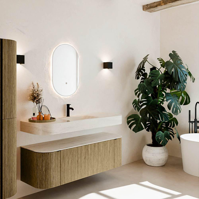 MONDIAZ THOR-DLUX 140cm meuble de salle de bains arrondi gauche + droite couleur Dusk avec 1 tiroir et 2 portes. Vasque suspendue CLOUD Milieu 1 trou de robinet couleur Meli.