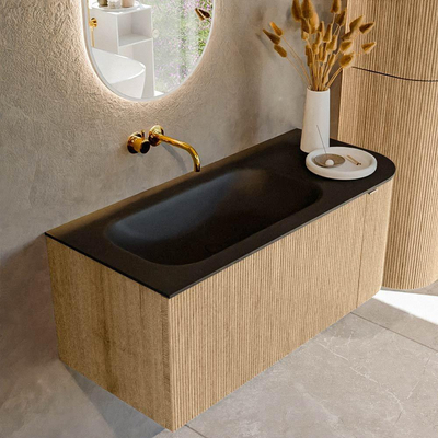 MONDIAZ KURVE 105cm meuble de salle de bains avec module 25 R couleur Oak avec 1 tiroir et 1 porte. Lavabo BIG SMALL gauche sans trou de robinet Urban.