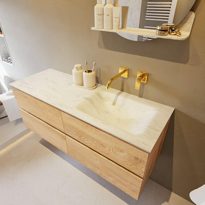 Mondiaz VICA-DLUX ensemble de meuble de salle de bain - 130cm - meuble sous-vasque chêne blanchi - 4 tiroirs - lavabo encastré cloud droite - sans trous de robinet - version haute de 60cm - opalo