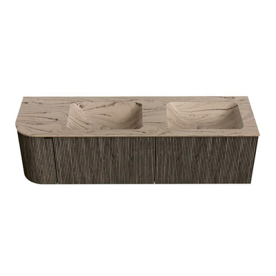 MONDIAZ KURVE-DLUX meuble de salle de bains 155 cm arrondi à gauche couleur Shadow avec 2 tiroirs et 1 porte. Lavabo LEAF Double / à droite sans trou de robinet Arena.