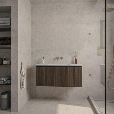 Saniclass Holz Base Ensemble meuble de salle de bains - 100cm - 1 vasque en céramique blanche - sans trou de robinet - 1 tiroir - miroir - chêne foncé