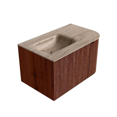 MONDIAZ KURVE-DLUX Meuble de salle de bains 75cm arrondi à droite couleur Ruby avec 1 tiroir et 1 porte. Lavabo GRUNNE à gauche sans trou de robinet Saba.