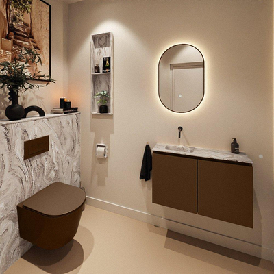 MONDIAZ TURE-DLUX Meuble toilette - 80cm - Rust - EDEN - vasque Glace - position gauche - sans trou de robinet