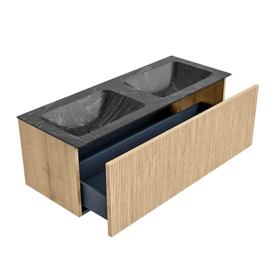 MONDIAZ KURVE-DLUX meuble de salle de bains 120 cm couleur Oak avec 1 tiroir. Lavabo LEAF double 2 trous de robinetterie couleur Lava.