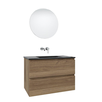 Adema Chaci Meuble salle de bain - 80x46x55cm - 1 vasque en céramique noire - sans trou de robinet - 2 tiroirs - miroir rond avec éclairage - canelle